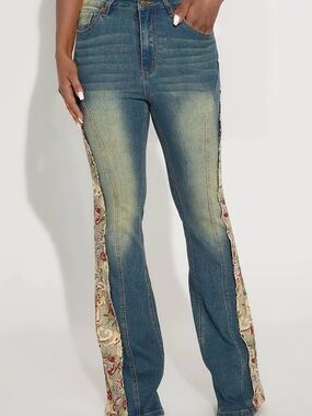 Fashion Nova Blue Flare Jeans with Embroidered Side Panels